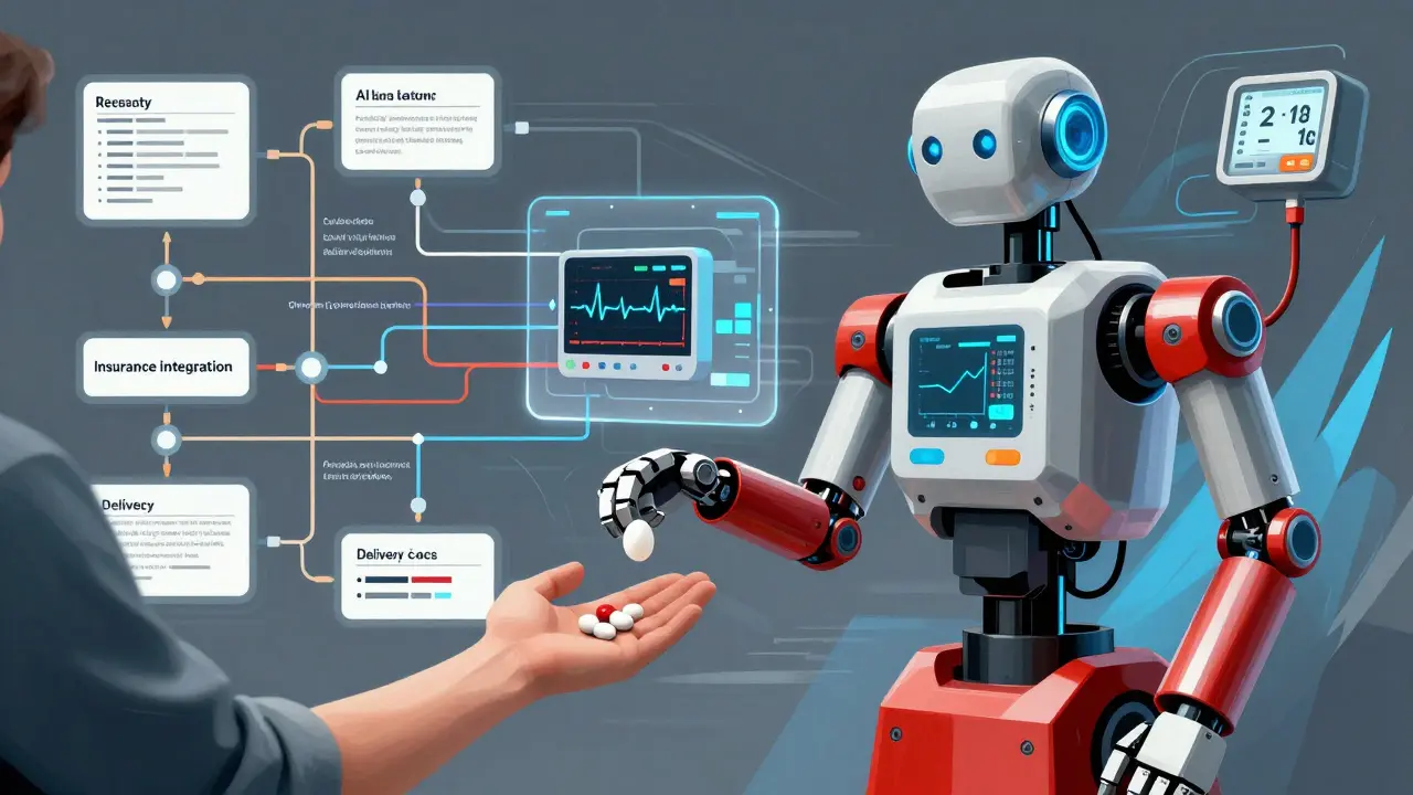 Ein Pharmaroboter verteilt Medikamente, während ein Netzwerk aus Datenströmen und KI-Logik hinter ihm aktiv ist.