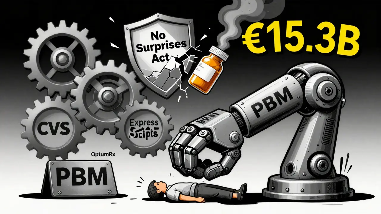 Eine riesige Maschine namens 'PBM' drückt einen Patienten nieder, während Zahlen von Milliarden Euro aufsteigen.