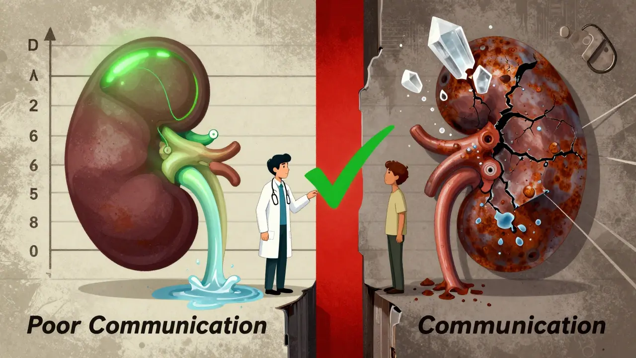 Gesunde vs. beschädigte Niere auf einem medizinischen Chart, getrennt durch Kommunikationslücke.