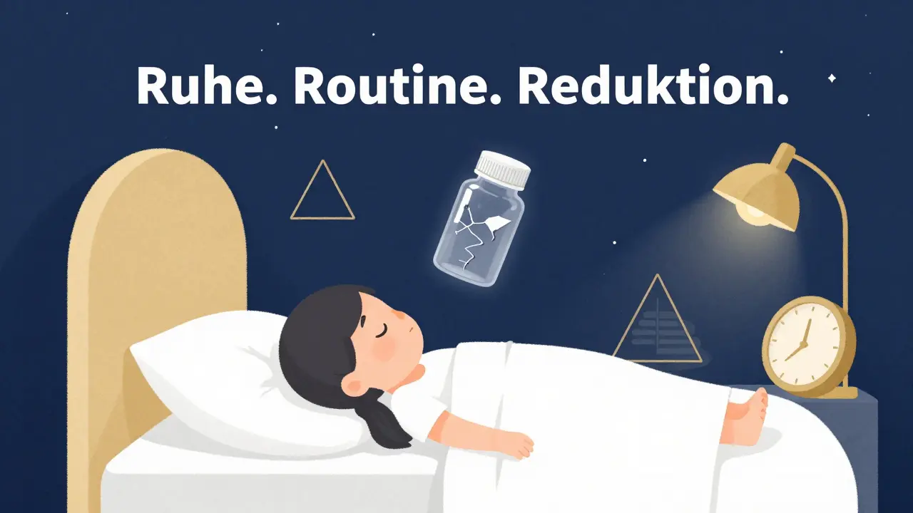 Kind schläft friedlich, umgeben von Schlafritualen, Melatonin-Flasche ist kaputt, Text: Ruhe. Routine. Reduktion.
