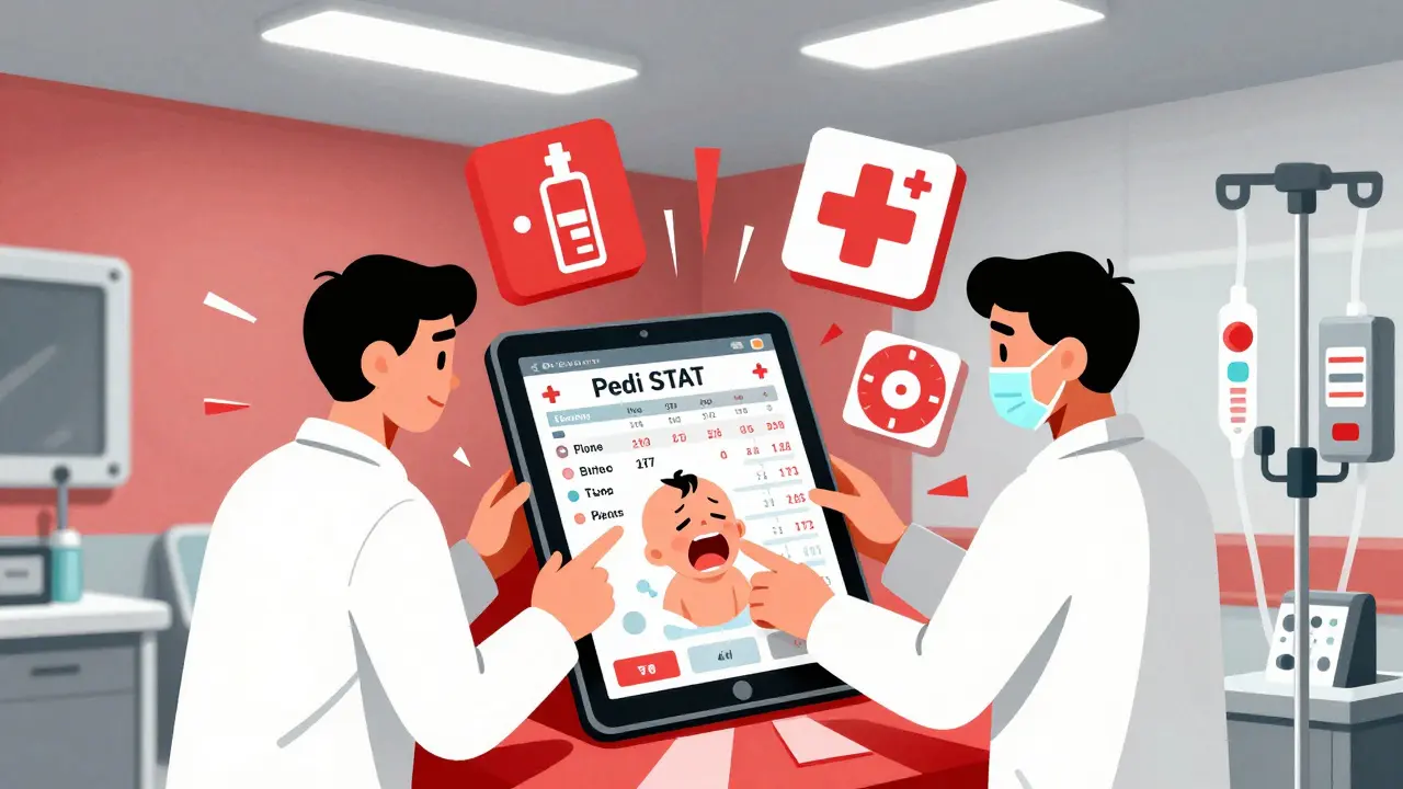 Medizinisches Team in einer Notaufnahme nutzt eine App zur schnellen Berechnung von Kinderdosen, umgeben von symbolischen medizinischen Elementen.