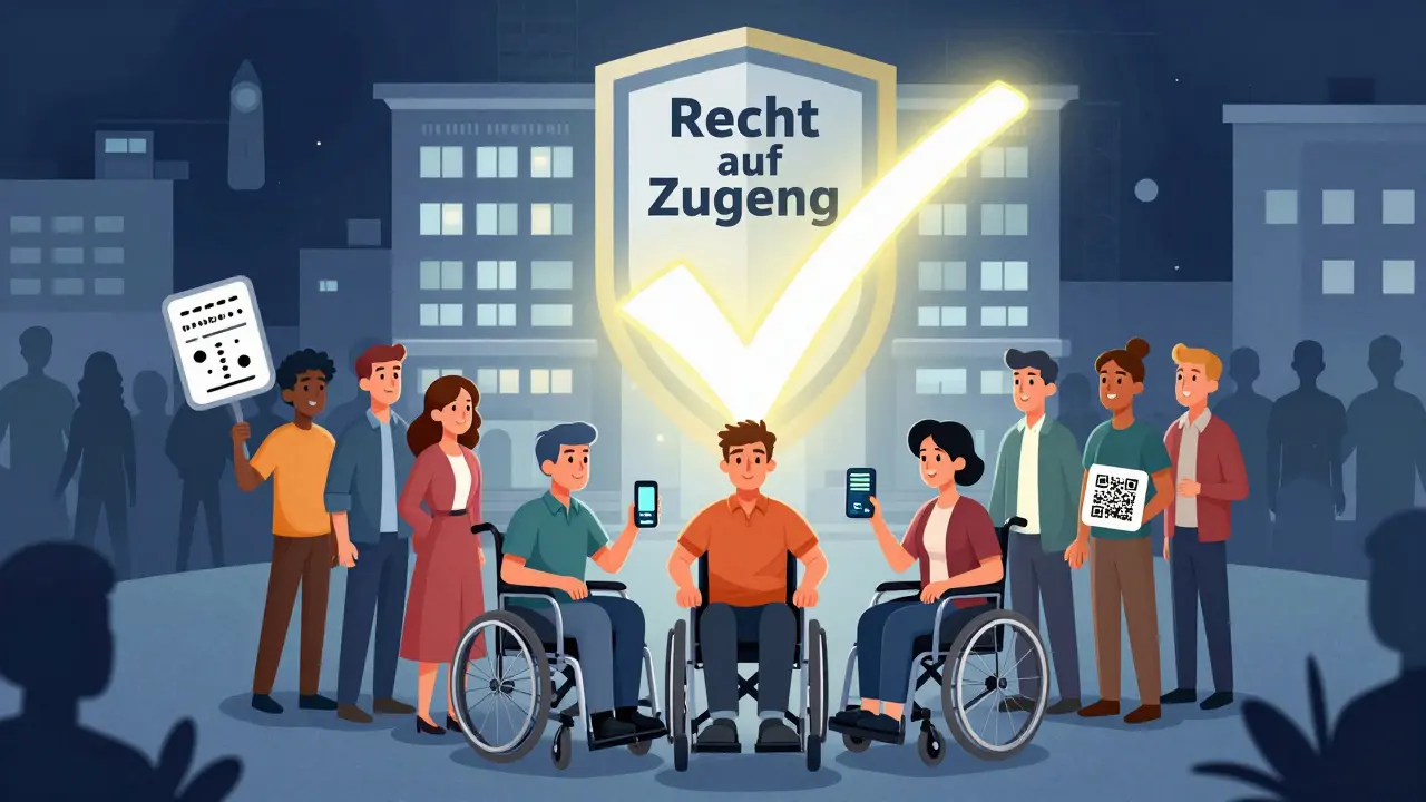 Menschen mit Sehbehinderung halten verschiedene Hilfsmittel, über ihnen leuchtet ein Symbol für Zugang und Recht.