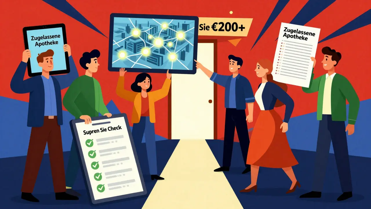 Menschen nutzen eine App, um die günstigste Apotheke zu finden, während ein Pfad aus fünf Schritten zu Einsparungen führt.