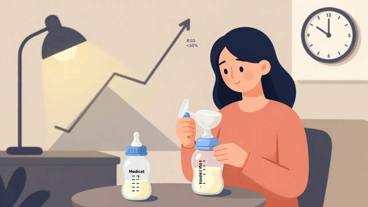 Mutter pumpt Milch in eine sichere Reserveflasche, während eine Medikamentenkurve abfällt.