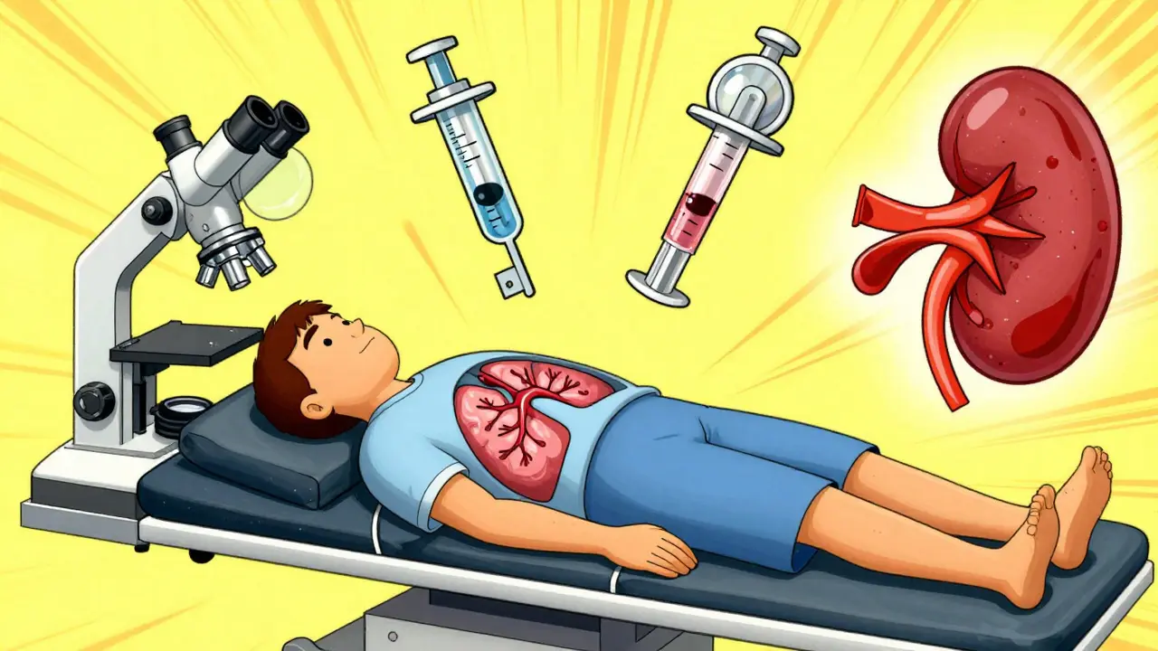 Patient mit abstrakten medizinischen Werkzeugen, die Organschäden durch Vasculitis visualisieren, im Constructivist-Stil.