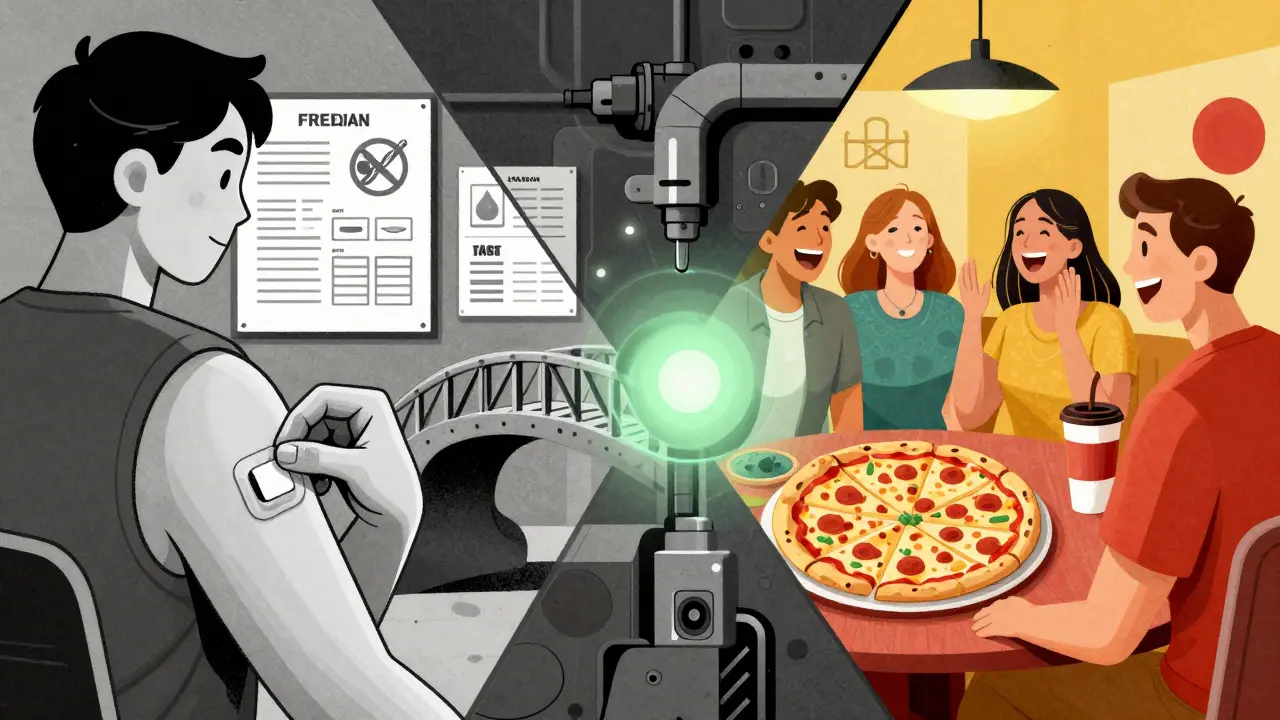 Patient mit MAO-Hemmer-Pflaster, geteilter Welt zwischen Einschränkung und Freiheit in Constructivism-Stil.