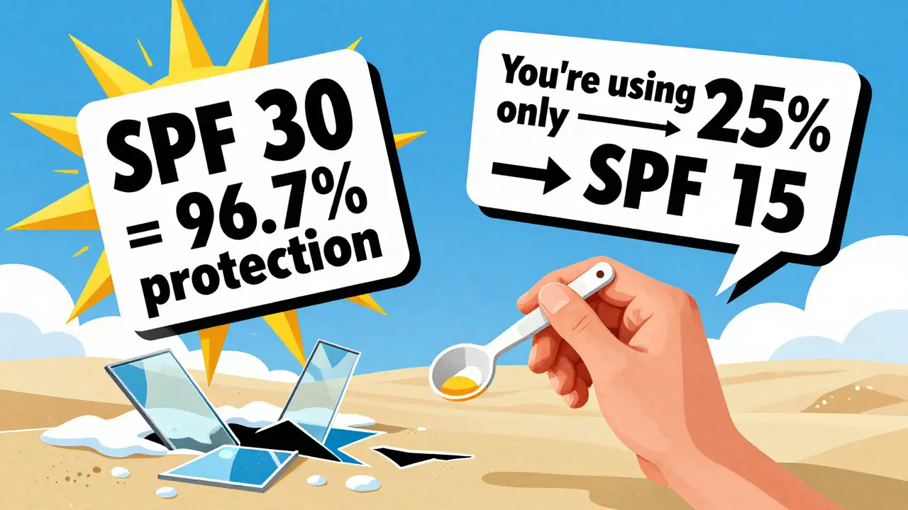 Person trägt Sonnencreme mit Messlöffel, während riesige Zahlen zeigen, wie wenig tatsächlich aufgetragen wird – umgeben von reflektierenden Oberflächen.