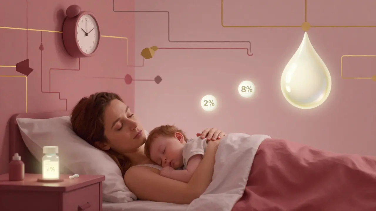 Schlafende Mutter und Baby mit schwebender Pille, die die reduzierte Medikamentenexposition symbolisiert.