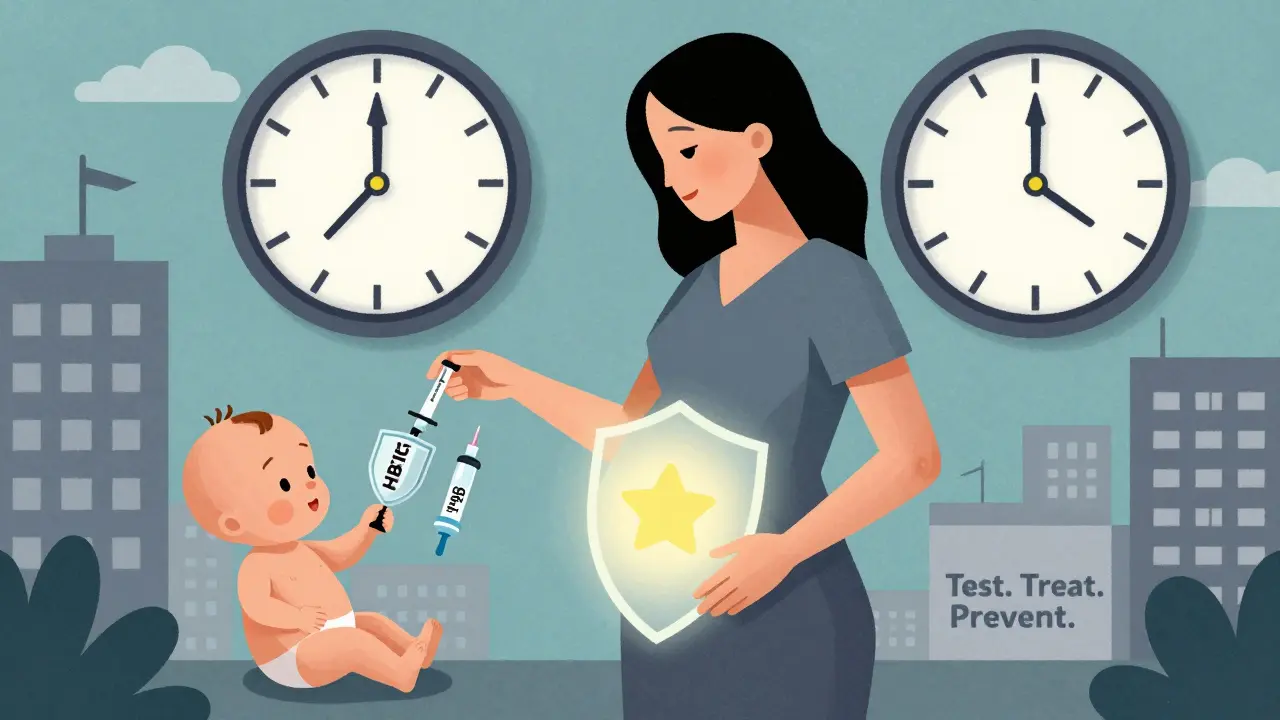 Schwangere Frau mit schützendem Schild und Baby, das Hepatitis-B-Impfung und Schutzspritze erhält.