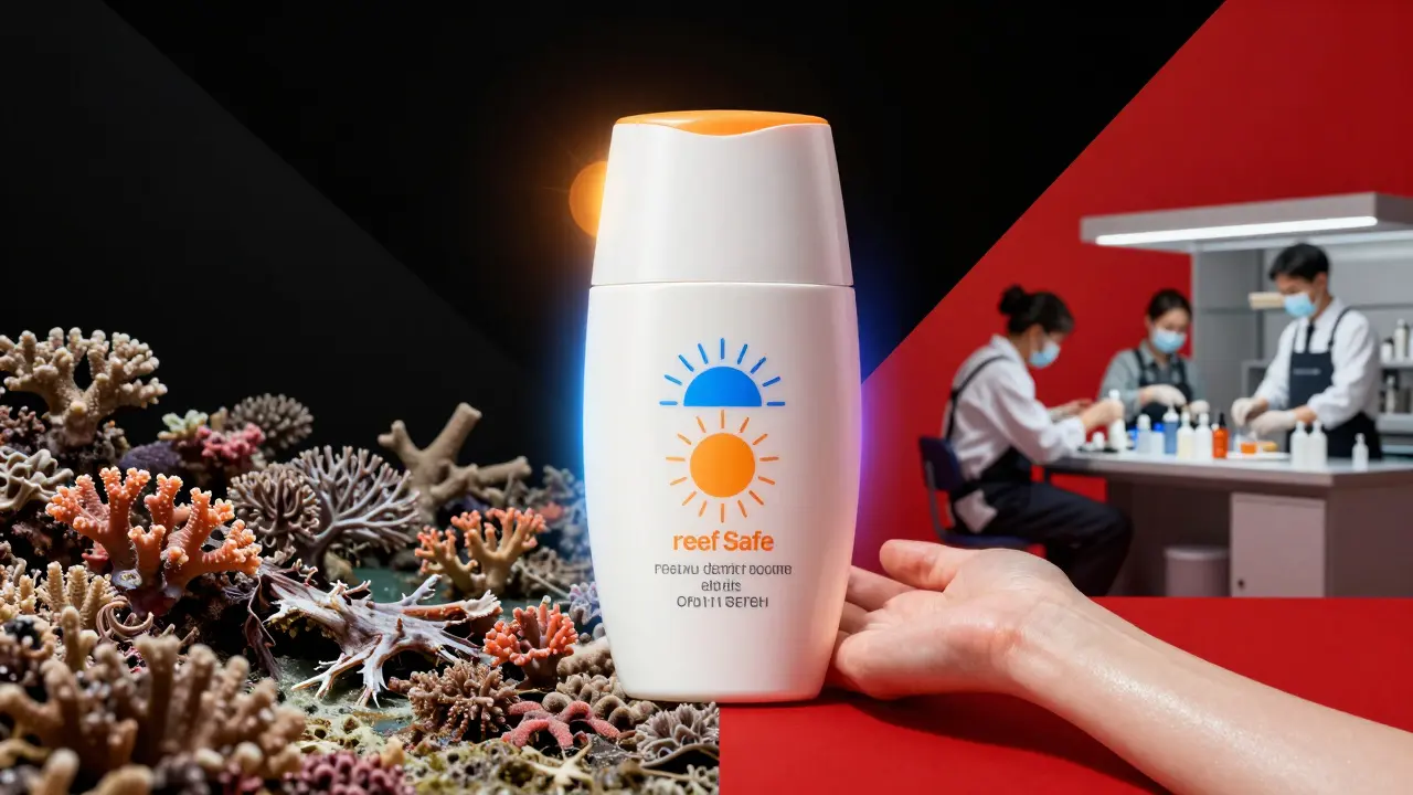 Sonnenschutzflasche strahlt Schutzschilder aus, während Korallen sterben und gesunde Haut leuchtet – mit Fabrikarbeitern, die umweltfreundliche Formeln herstellen.