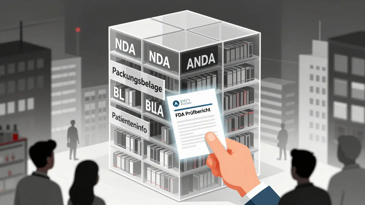 Transparente Würfel-Bibliothek mit Zulassungsunterlagen und herausziehbarer FDA-Prüfbericht-Datei