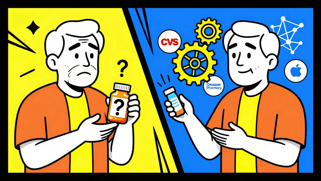 Vergleich: Verwirrung beim Medikamentenmanagement vs. geordnete automatische Nachbestellung mit technischen Symbolen.