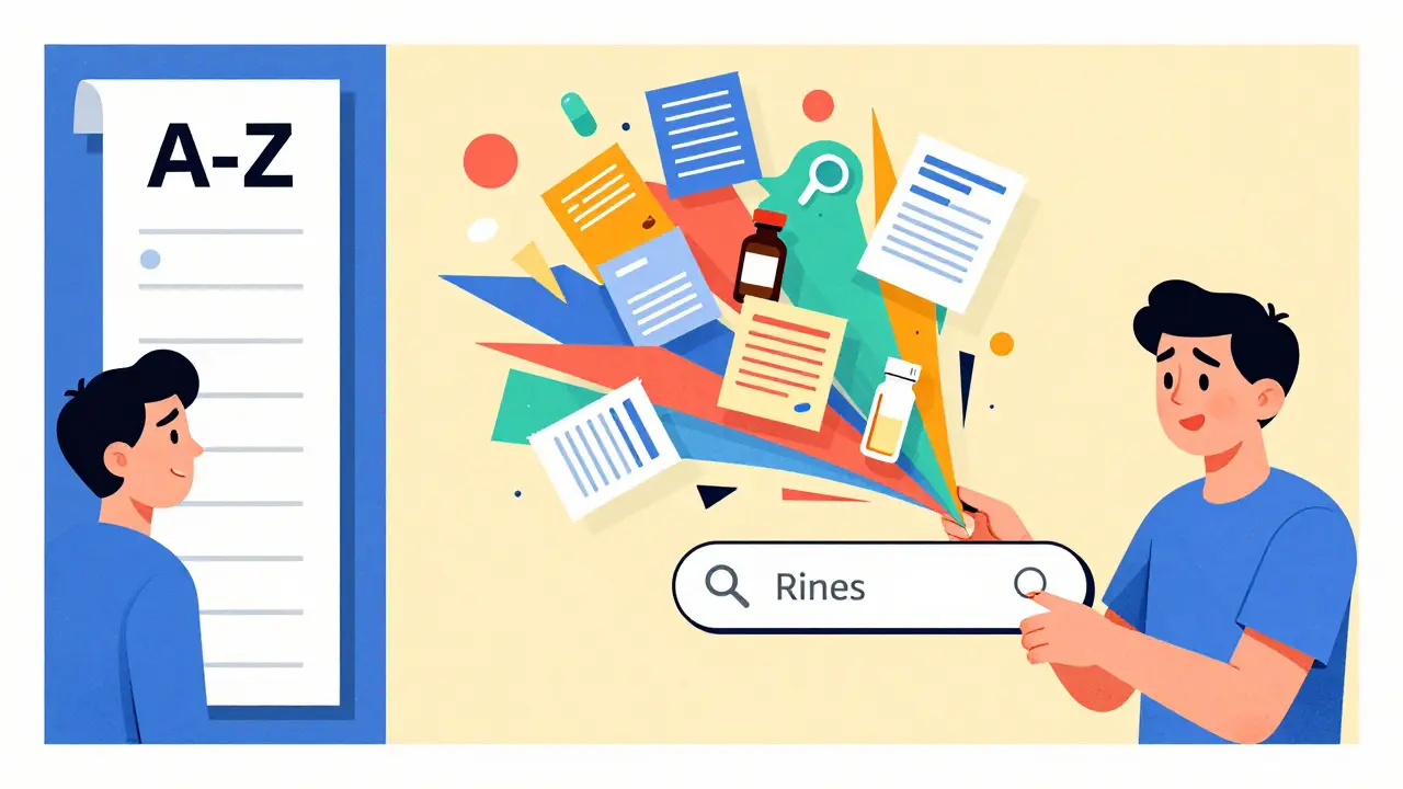 Vergleich zwischen fehlerhafter A-Z-Suche und korrekter Hauptsuche in cartoonhafter, geometrischer Darstellung