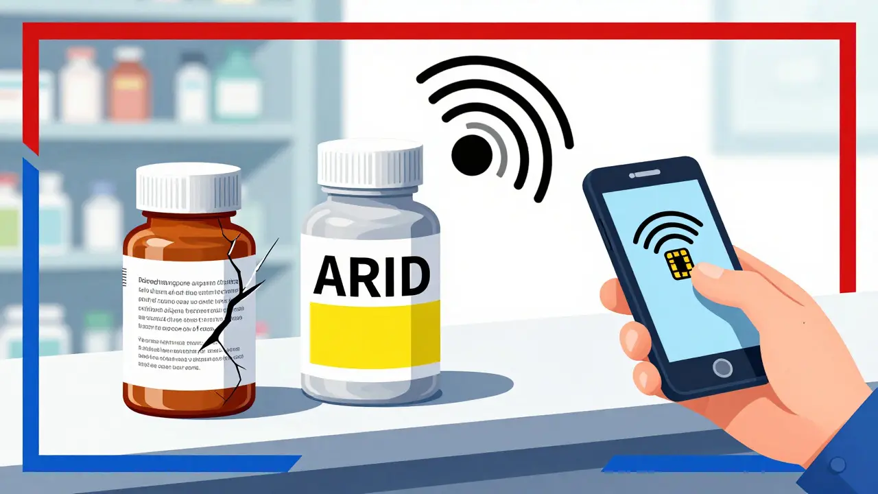 Zwei Medikamentenflaschen im Vergleich: eine mit kleiner Schrift (kaputt) und eine mit Großdruck und Warnhinweisen.