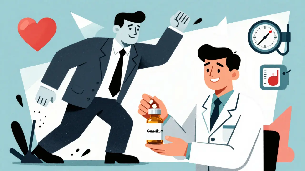Apotheker gibt Generikum, Markenfirma zerfällt, Patient lächelt mit Sparanzeige.