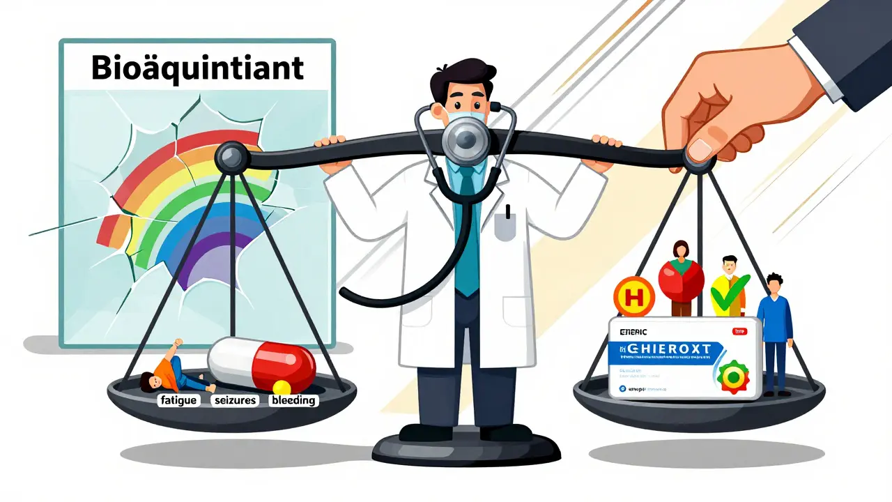 Arzt balanciert Generikum gegen Originalmedikament, während Patienten auf der Generikum-Seite zusammenbrechen.