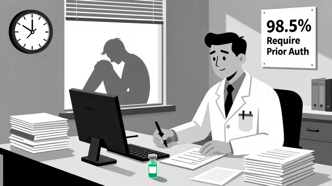 Arzt umgeben von Ablehnungsbriefen, während ein Patient draußen leidet.