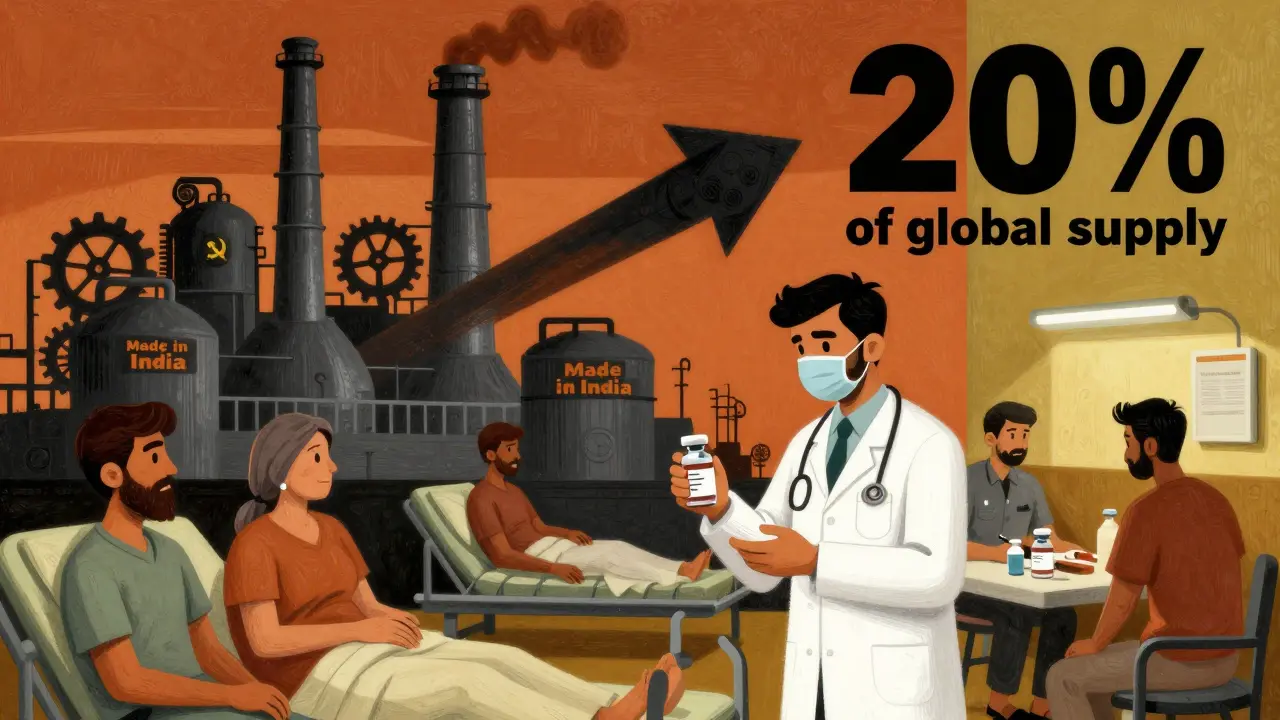 Ärzte in Mumbai verteilen Generika aus einer Industrieanlage mit Zahnrad-Symbolen, die 20 % der globalen Produktion repräsentiert.