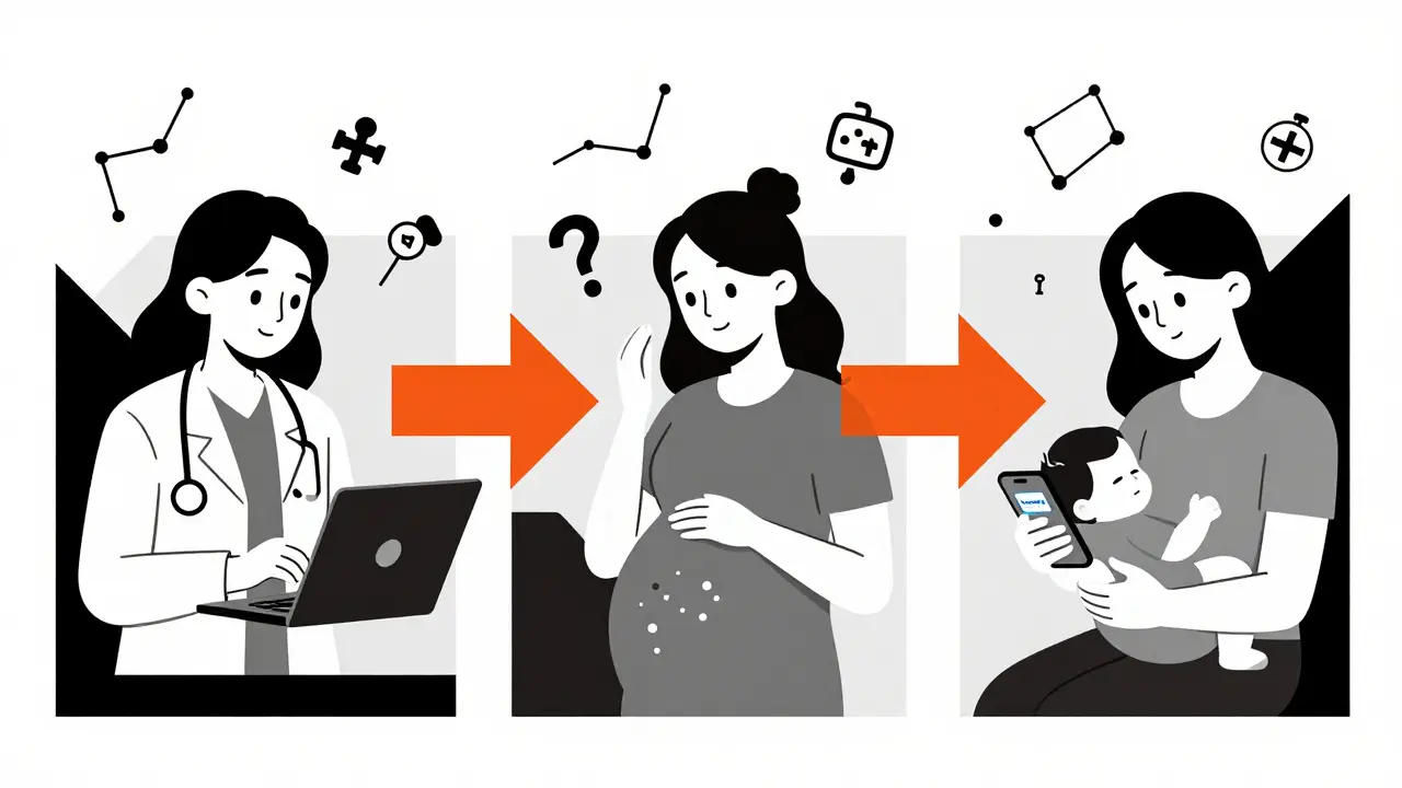 Drei Szenen einer Frau vor, während und nach der Schwangerschaft mit Medikamentenberatung.