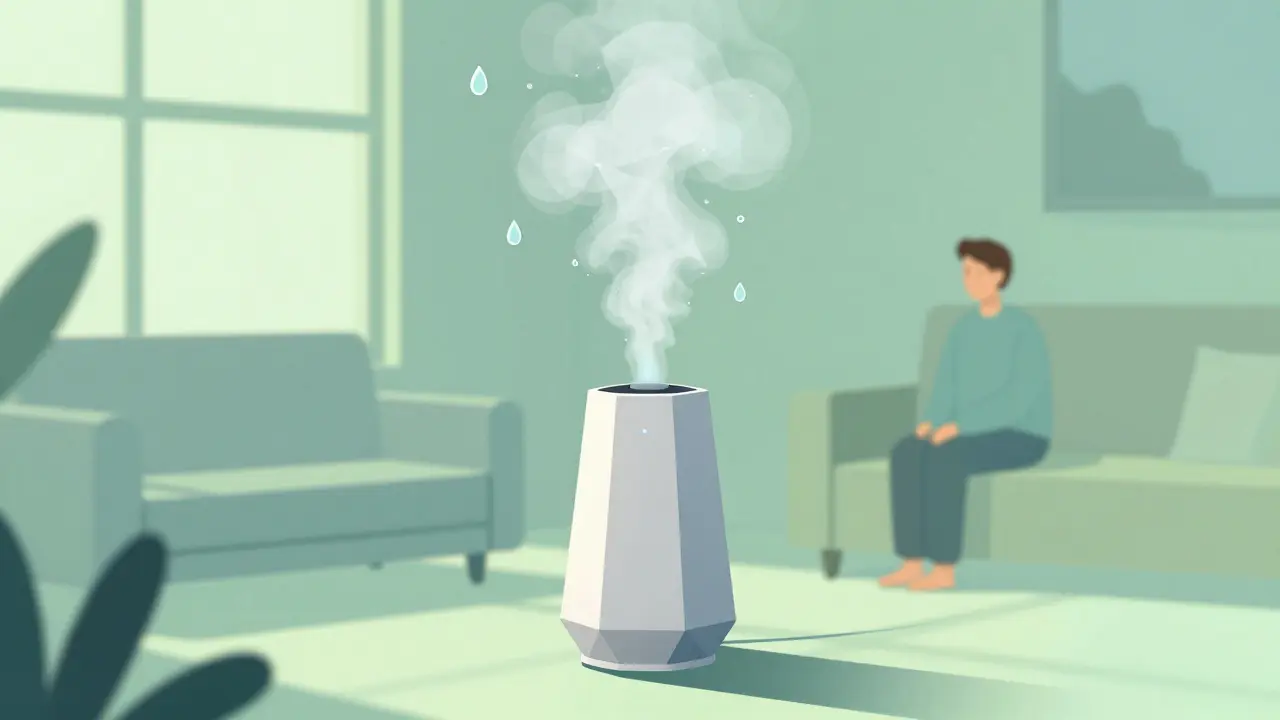 Entspannte Raumumgebung mit Luftbefeuchter und Wassertröpfchen