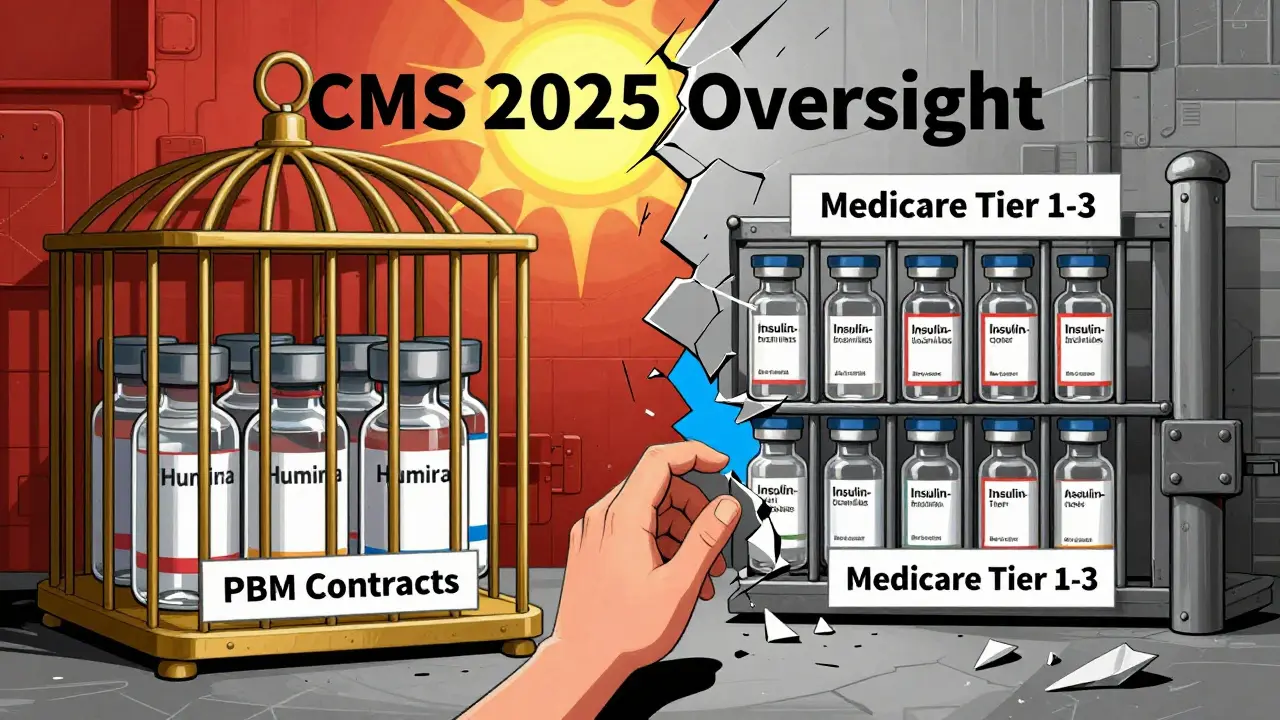 Humira in einem Käfig, Biosimilare hinter einem gebrochenen Tor — Patient greift vergeblich.