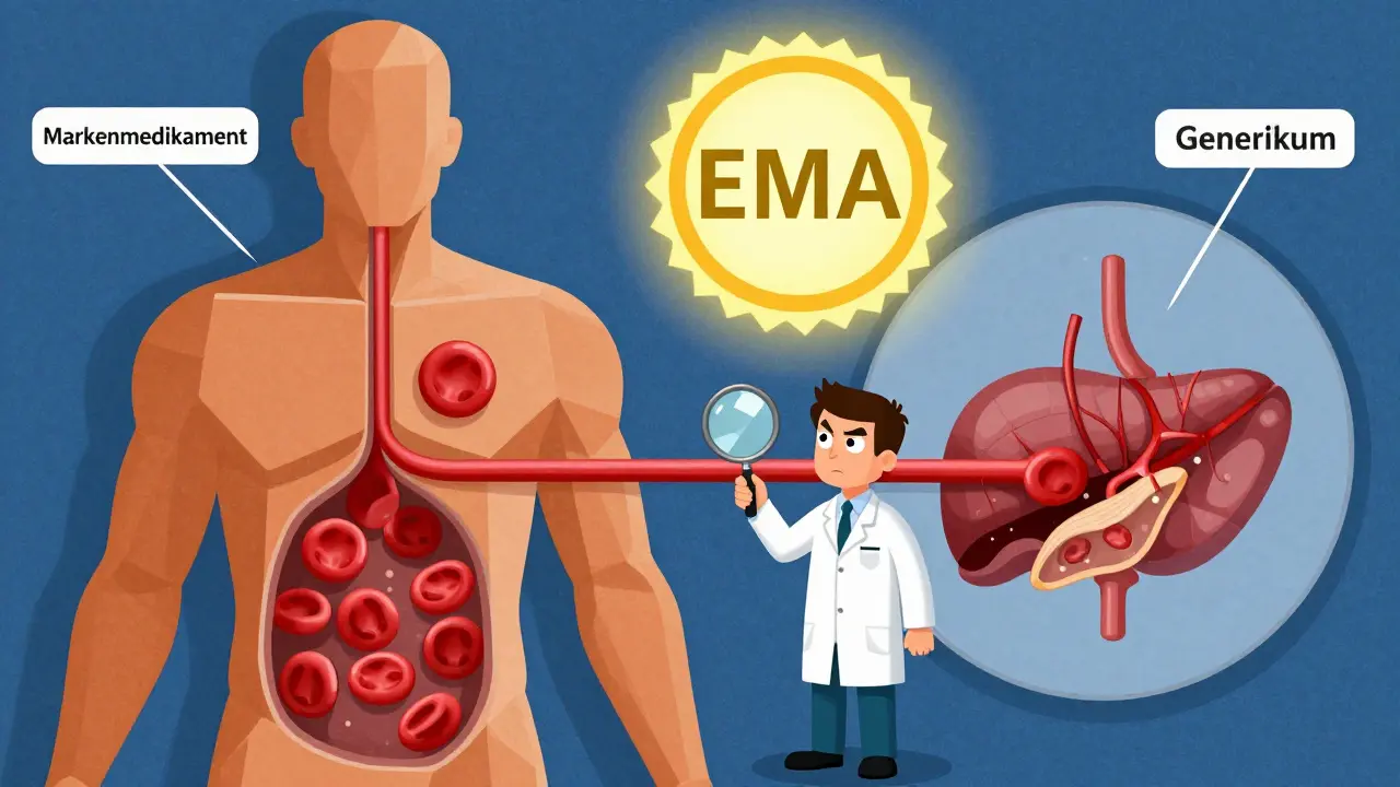 Menschenkörper mit identischen Blutströmen aus Marken- und Generikum-Pillen, EMA-Siegel oben.