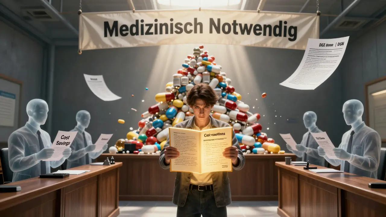 Patient hält Symptomtagebuch, während Bürokratie aus zusammenstürzenden Pillen besteht, mit medizinischem Leitfaden über ihnen.