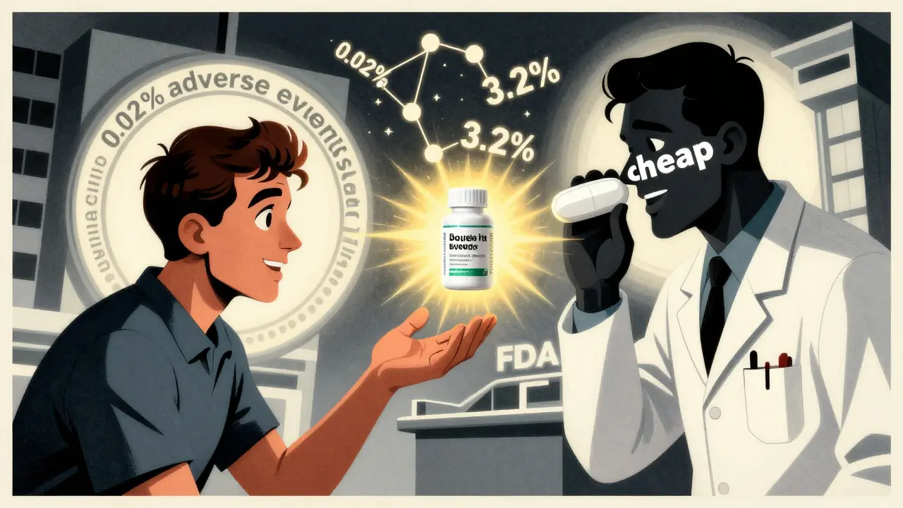 Patient zögert vor einer Tablette, während eine FDA-Leuchtkraft sie in eine gleichwertige Form verwandelt, Datenpunkte als Konstellationen.