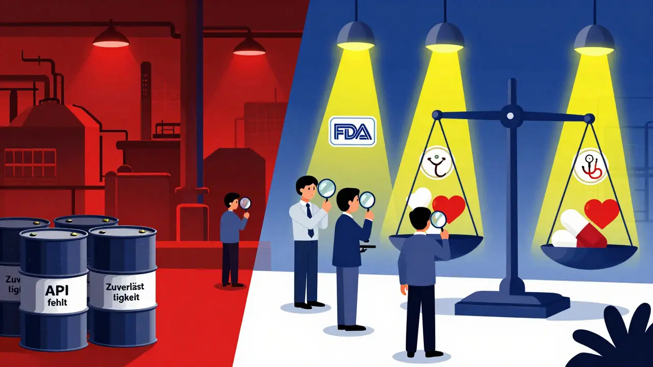 Vergleich zwischen chinesischer und indischer Pharmaproduktion mit Symbolen für Vertrauen und Qualität.