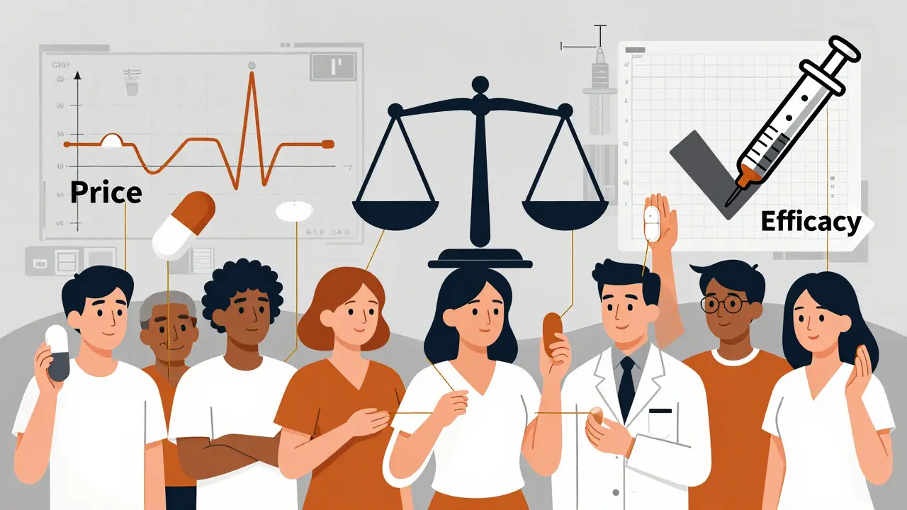 Verschiedene Patienten mit Pillen, verbunden durch eine Waage, die Preis und Wirksamkeit vergleicht, Laborpläne im Hintergrund.