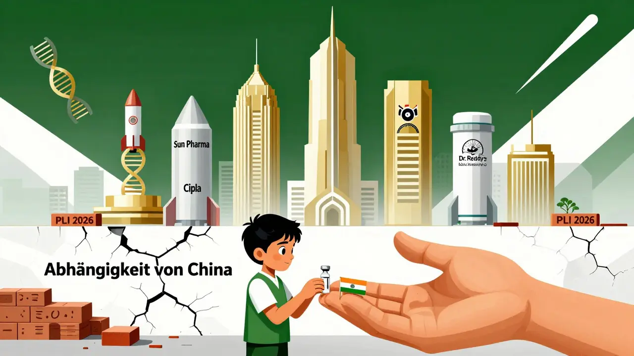 Zukünftige Pharmalandskap mit Biosimilars und globaler Gesundheitsversorgung in konstruktivistischem Stil.