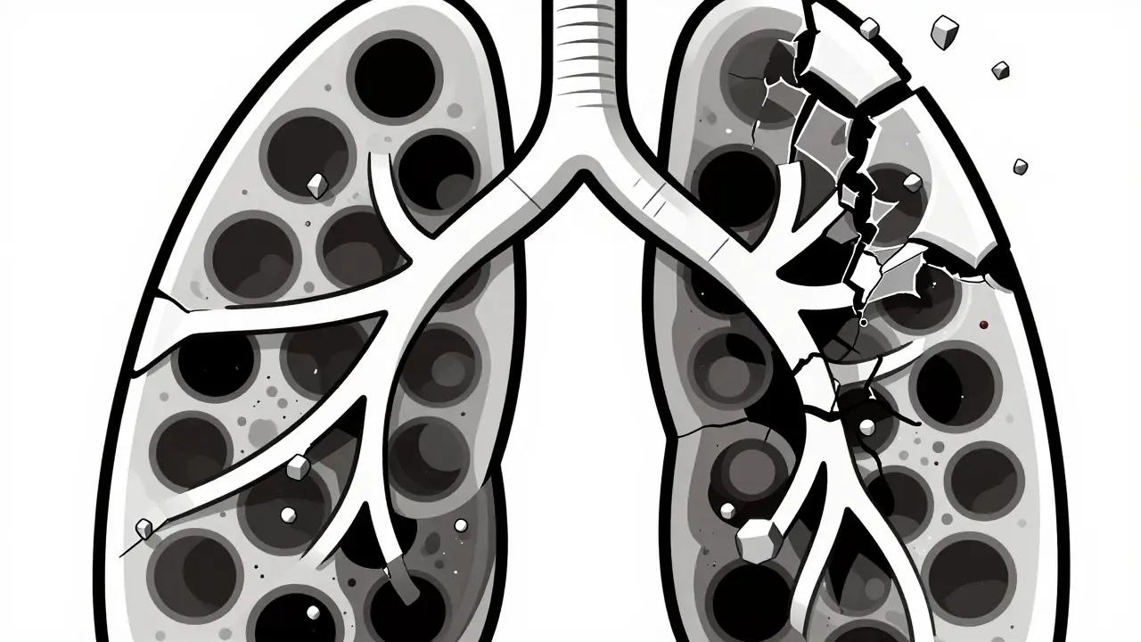 Abstrakte Illustration von Lungengewebe mit Entzündungen und metallischen Partikeln.