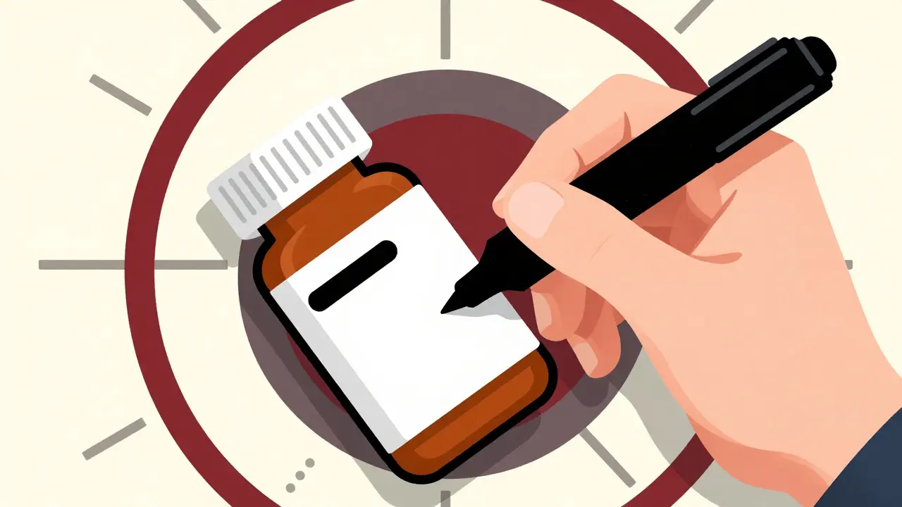 Eine Hand schwärzt private Daten auf einer Medikamentenpackung mit einem Marker.