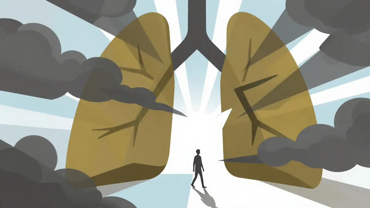 Eine Person, die sich von einer schweren, geometrischen Dampfwolke befreit.