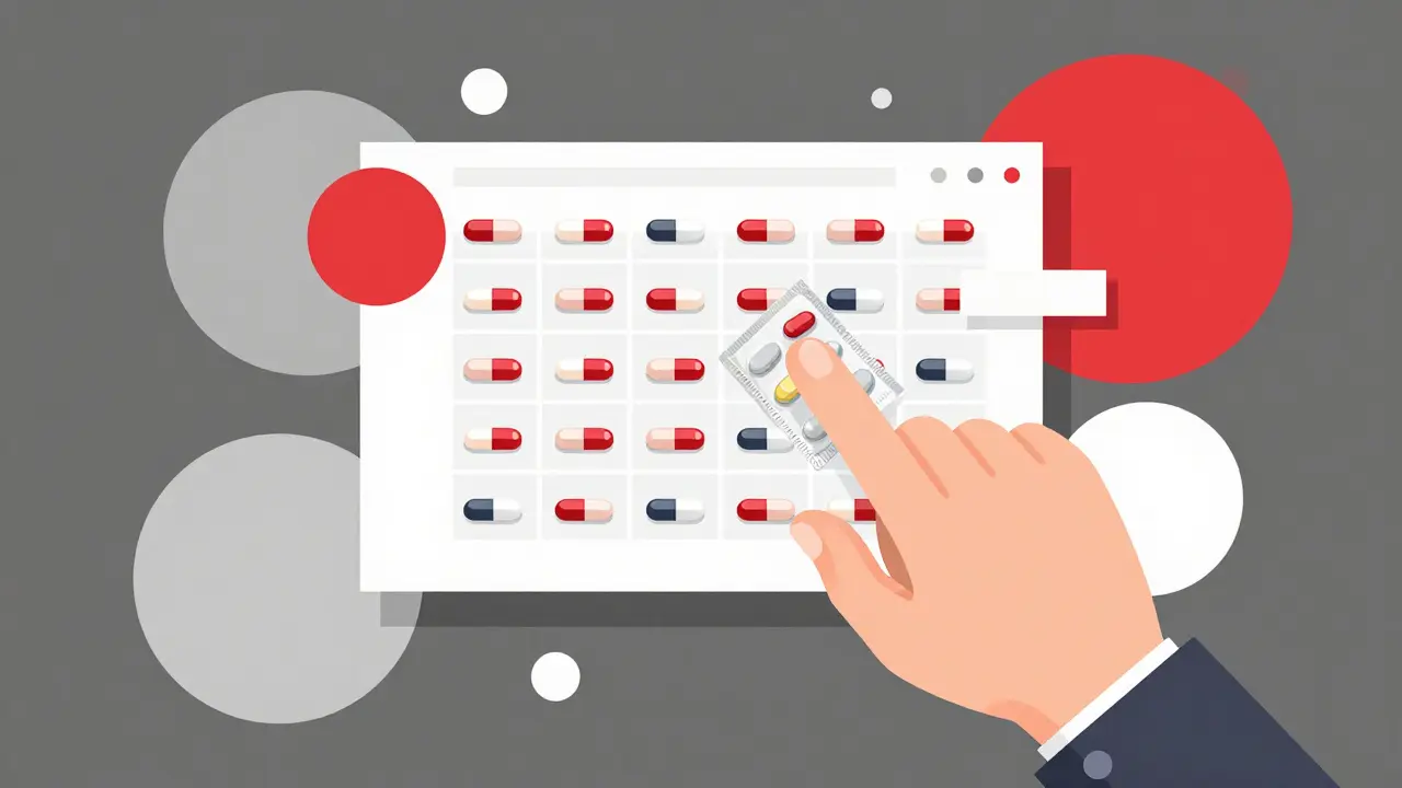Geometrische Darstellung eines Online-Kaufs von Medikamenten-Großpackungen.