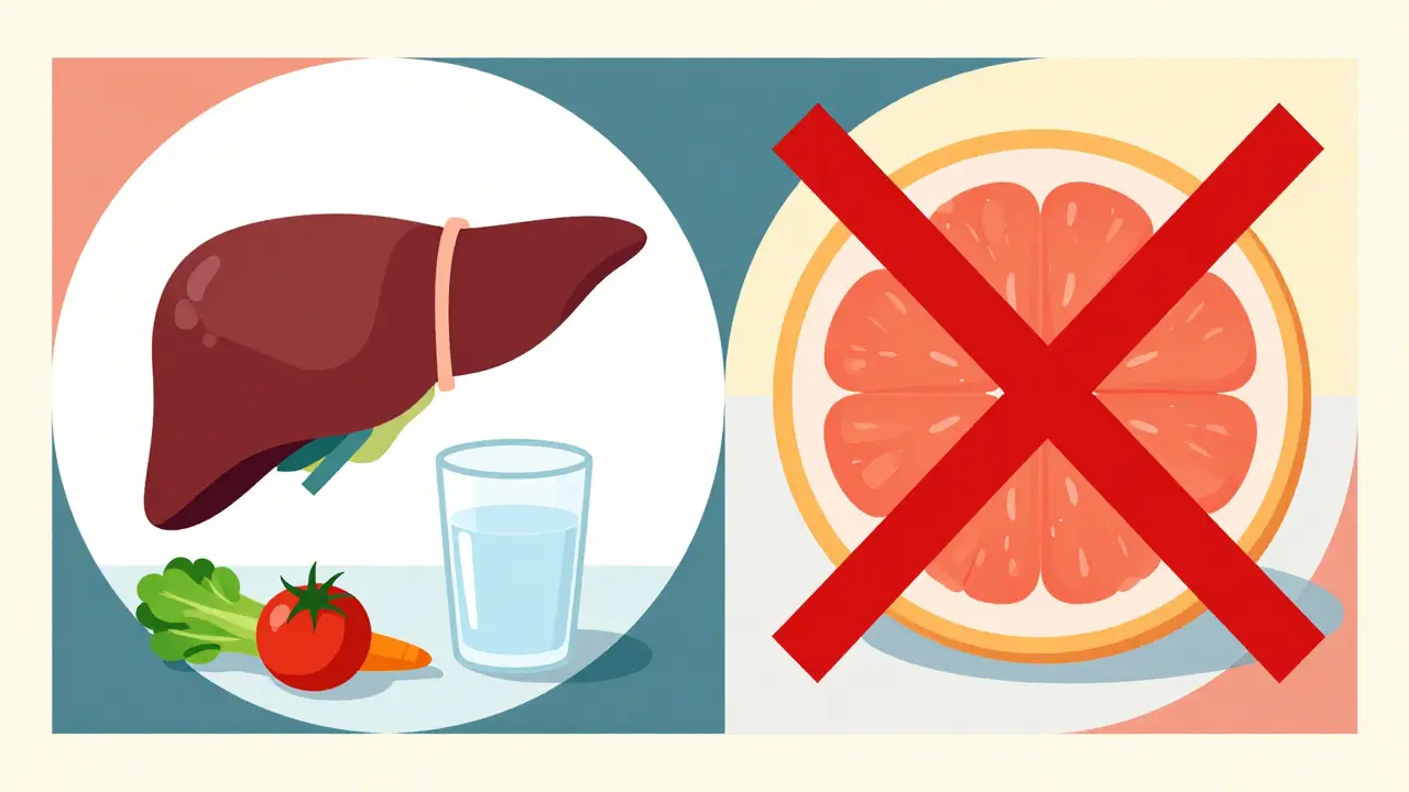 Geometrische Illustration von gesundem Essen und einem durchgestrichenen Grapefruit-Symbol.