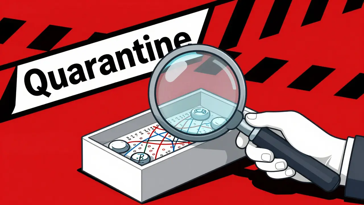 Grafische Darstellung der Überprüfung eines verdächtigen Medikaments in einer Quarantänezone.