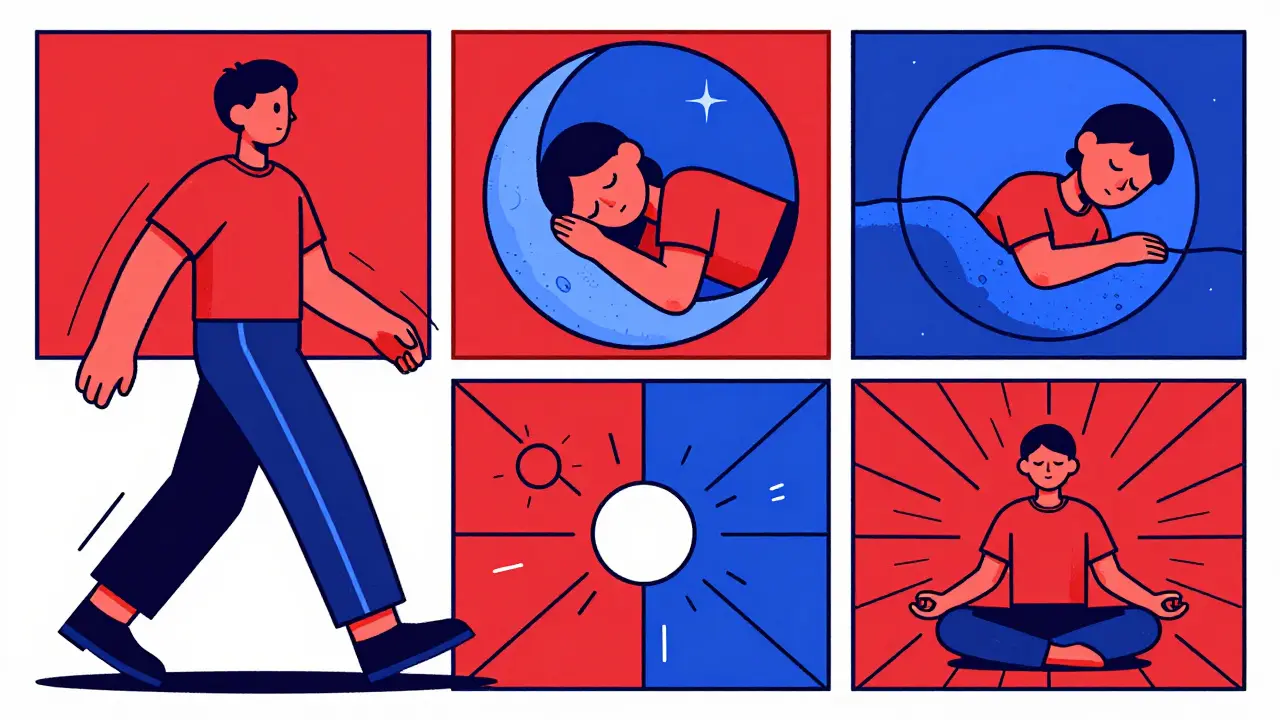 Montage aus Bewegung, Schlaf und Meditation in einem konstruktivistischen Grafikstil.