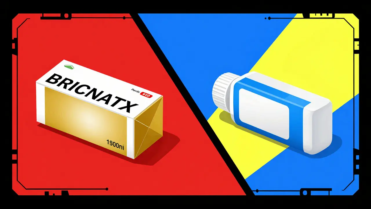 Vergleich zwischen Markenmedikament und Generikum in geometrischer Grafik.