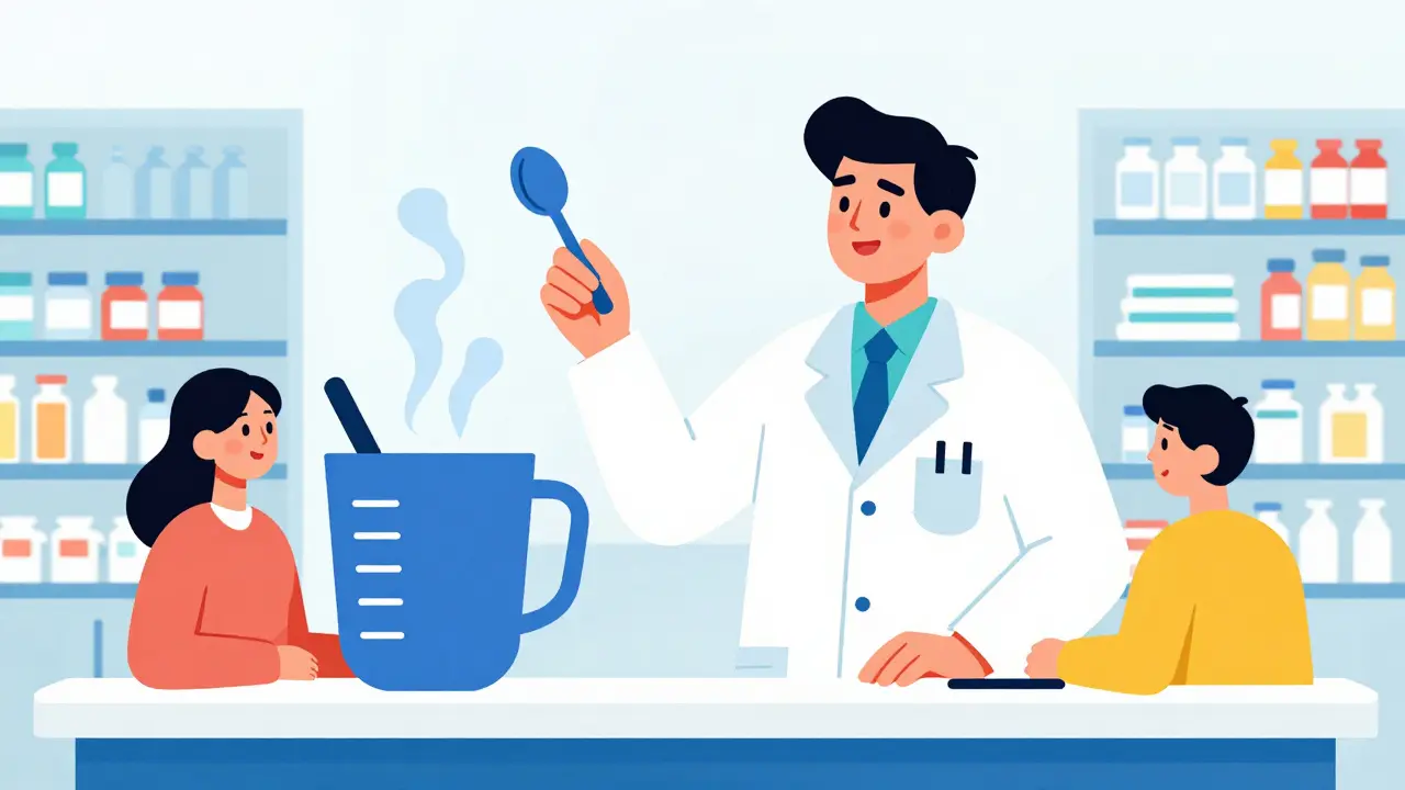 Apotheker erklärt Dosierung mit Messbechern, konstruktivistische Illustration