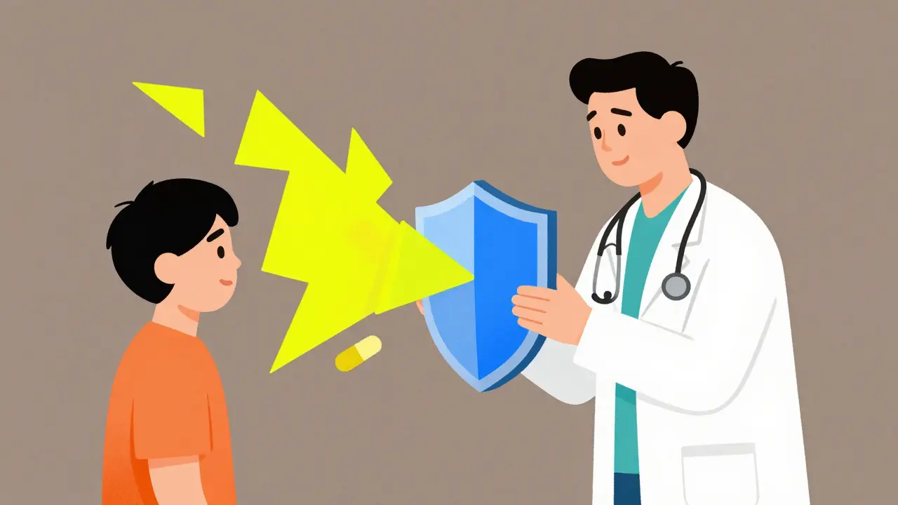 Arzt schützt Patient vor Nebenwirkungen durch geometrisches Schild