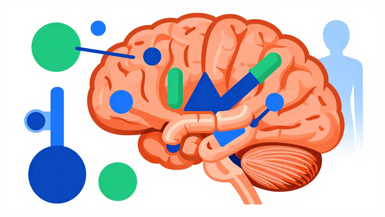 Geometrische Formen symbolisieren Wechselwirkungen von Antiemetika-Klassen