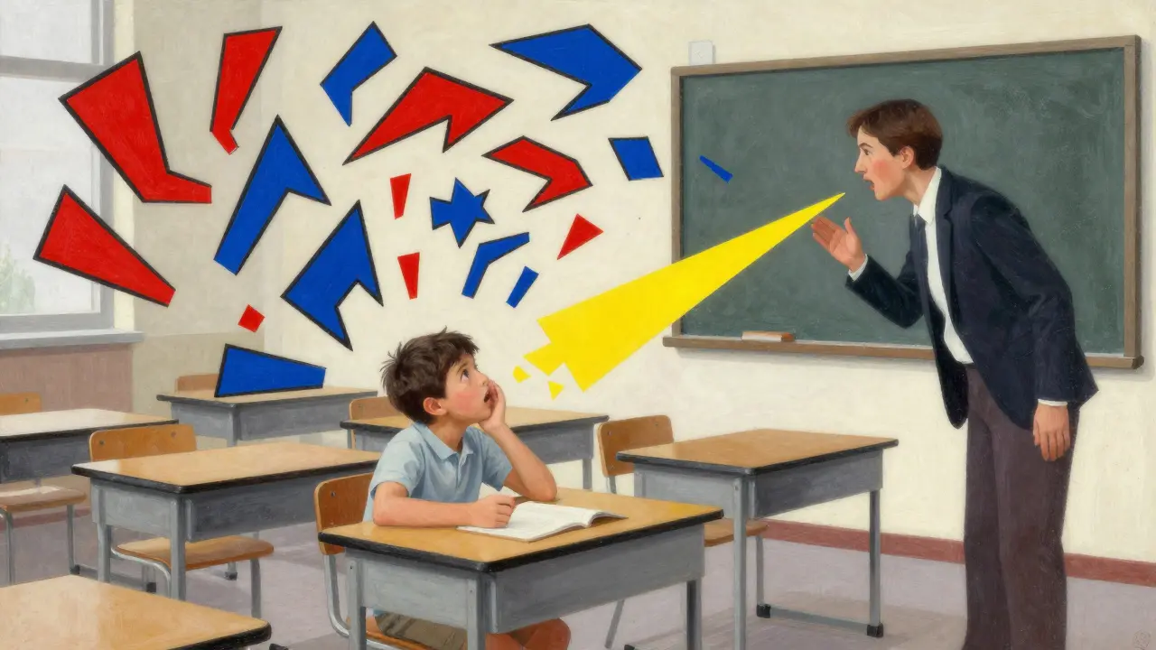 Kind im Klassenzimmer, umgeben von geometrischen Formen als Lärmchaos