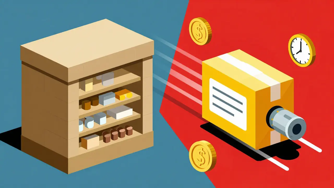 Konstruktivistische Illustration: Vergleich lokaler Apotheke vs. Versandapotheken