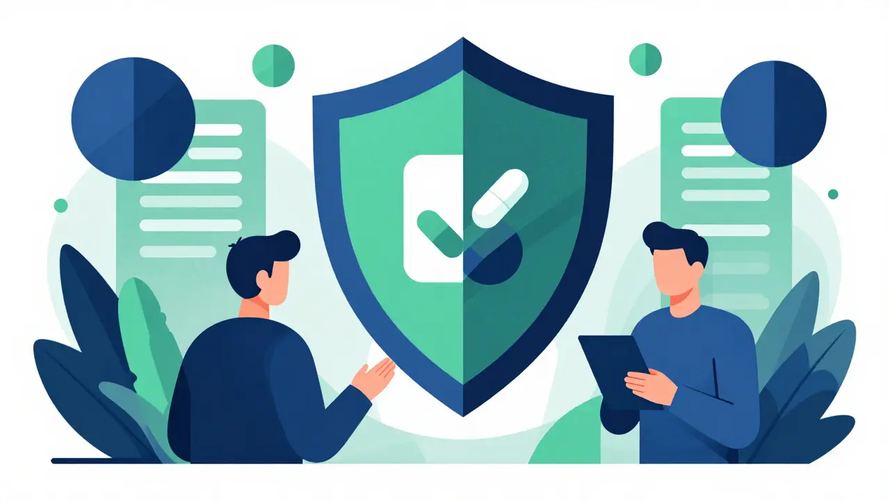 Konstruktivistische Illustration zur Sicherheit und Zertifizierung von Online-Apotheken