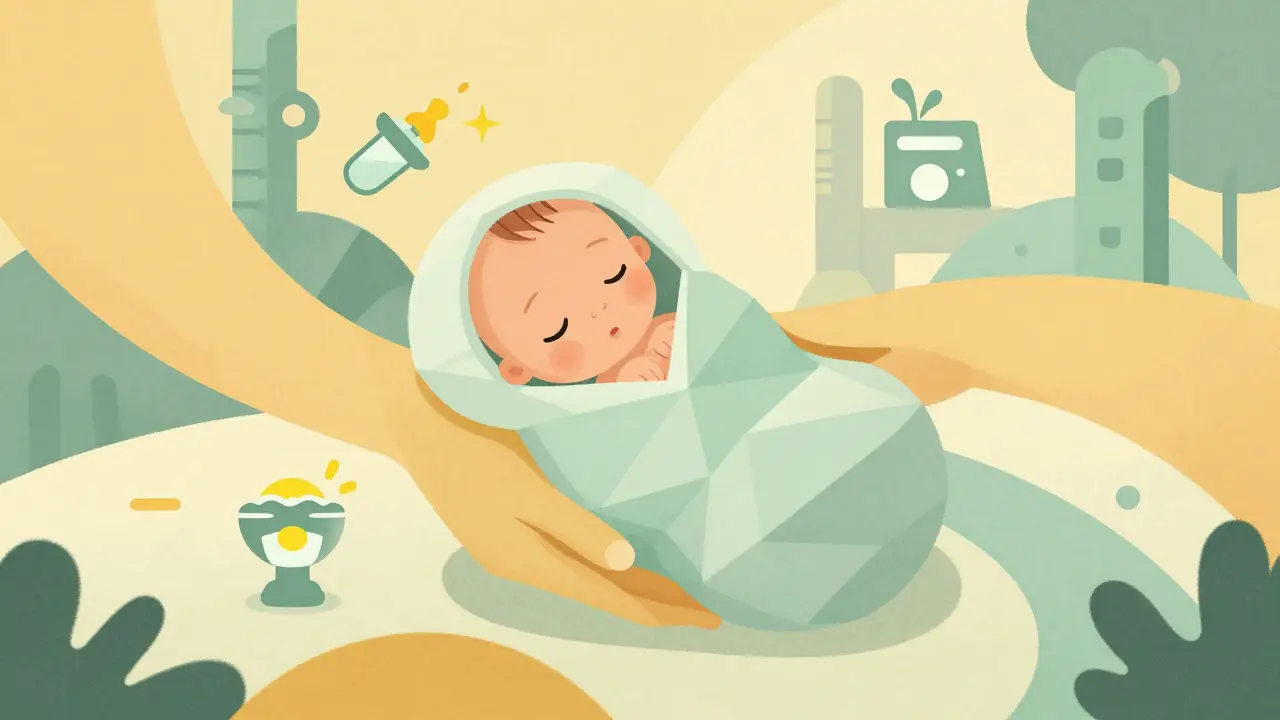 Geometrisches Baby, umgeben von weichen Linien, das nicht-medikamentöse Pflege und Beruhigung symbolisiert.