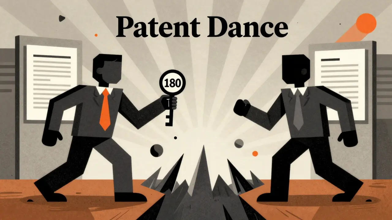 Kartoon-Stil Bild des Patent-Dances und rechtlicher Hürden in der Pharmaindustrie.