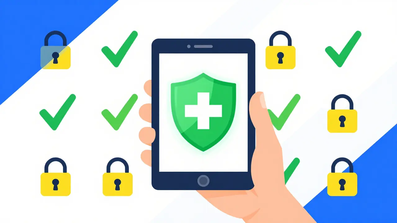Konstruktivistische Illustration: Eine Hand hält ein Tablet mit grünem Schutzschild, das sichere, verifizierte Online-Apotheken darstellt.