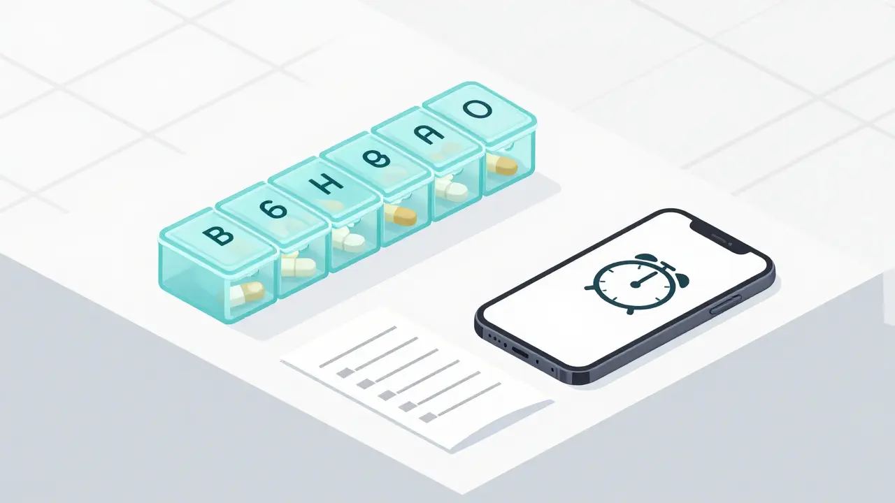 Organisierte Wochenpillendose mit Smartphone-Alarm und Medikamentenliste