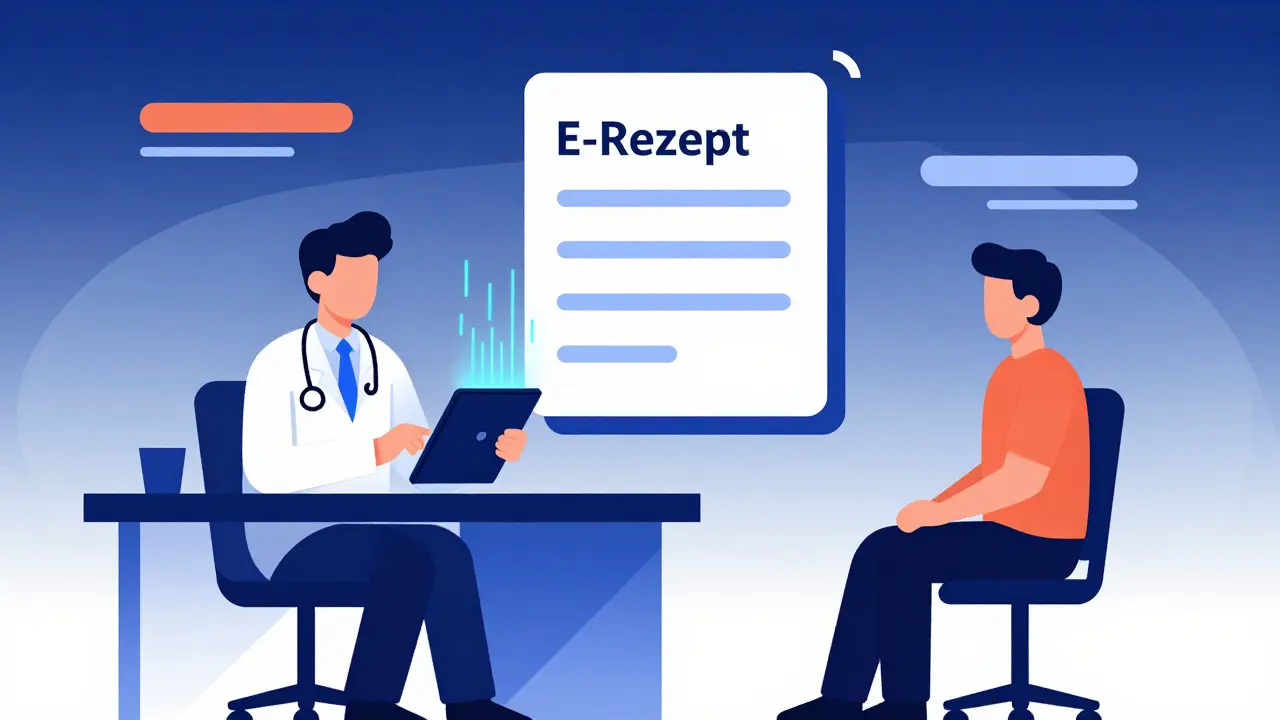 Telemedizin-Konsultation mit Arzt und Patient über digitales Rezept